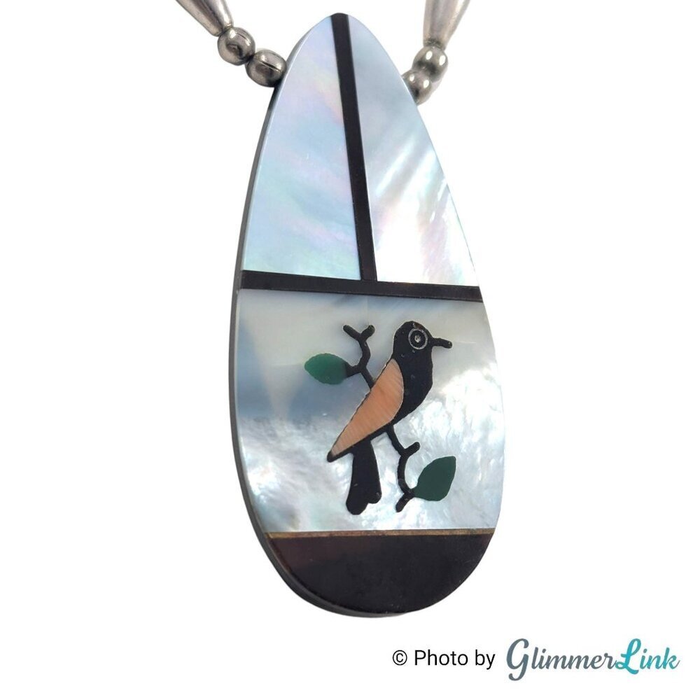 Vintage Bird Inlay Pendant Necklace Aventurine Rose Quartz Onyx Silver Tone - Picture 6 of 15